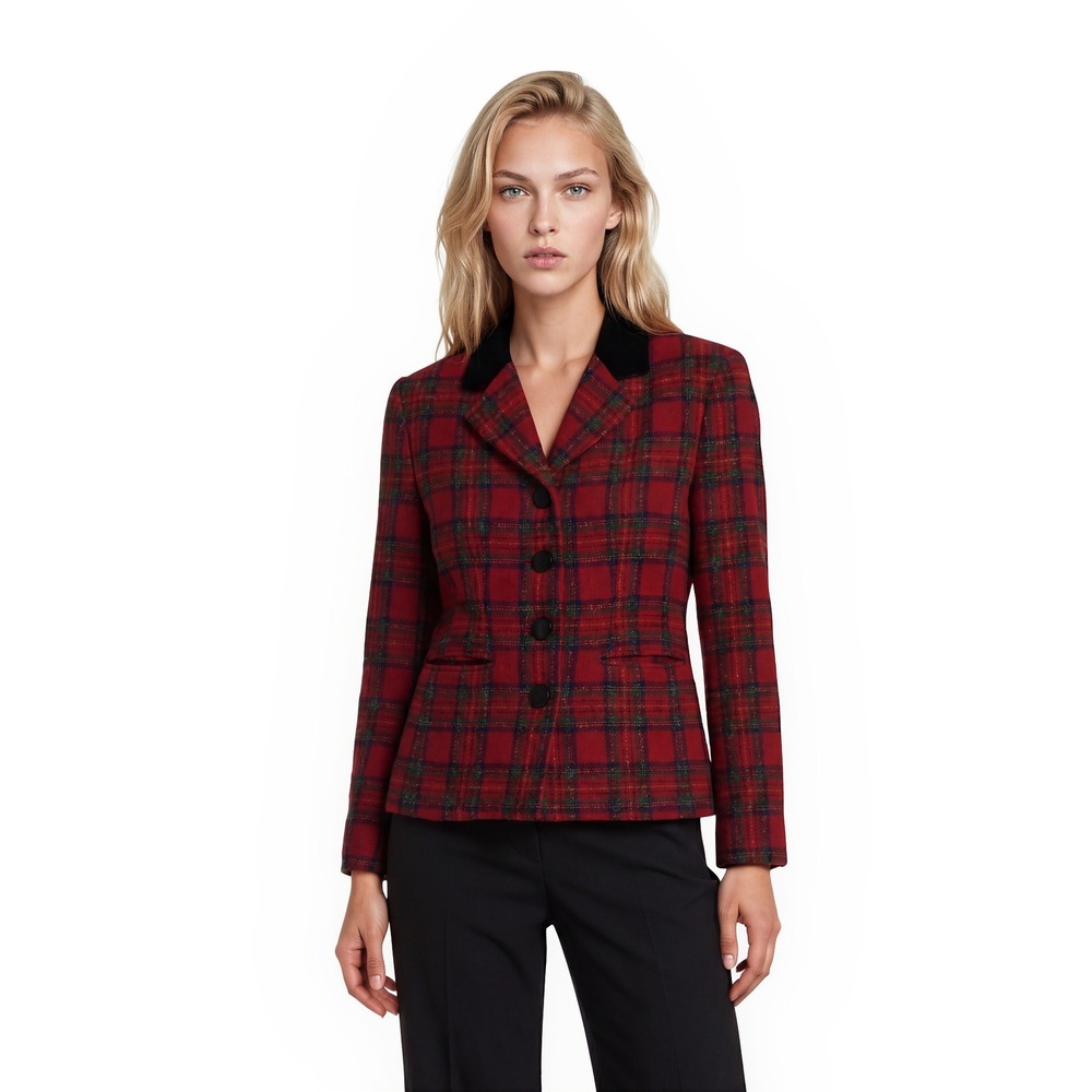 Vintage Talbots Blazer Womens Size 4P Petite Red Plaid Wool Mohair Velvet Collar